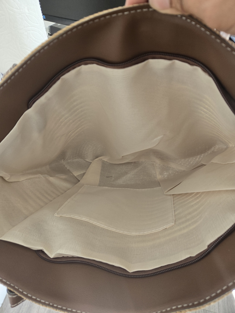 Woven Straw Tote Bag with Brown Leather Handles - Tan & Cream - Picture 2 of 5